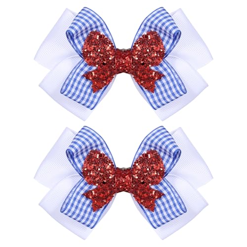 4.5in Blue White Checker Plaid Ribbon Hair Bow Clips Red Glitter Gingham Pigtail Alligator Hairpins Halloween Costume Dress Up Birthday Party Accessory Gift for Girls Women