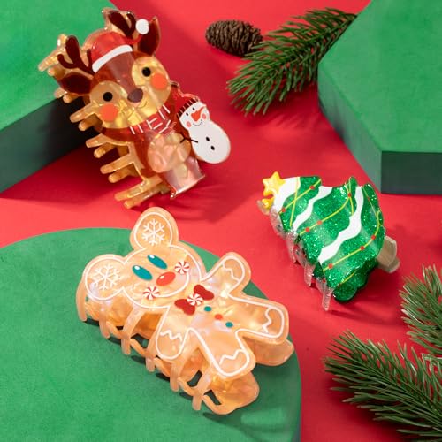 Glitter Christmas Tree Gingerbread Hair Claw Clips for Women - Christmas Reindeer Hair Claw Clips 3inch Winter Holiday Strong Grip Clips for Thick/Thin Hair Acrylic Hair Clips 3Pcs