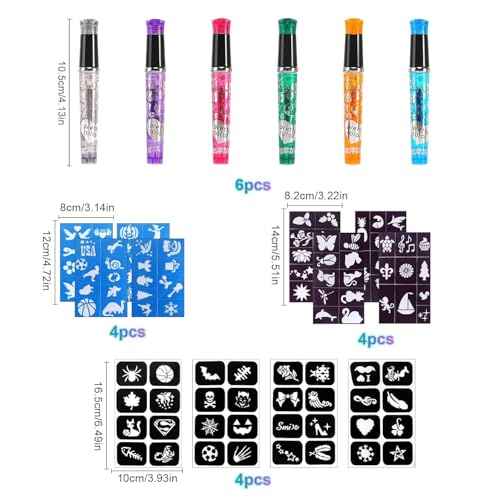 Temporary Tattoo Markers for Skin, 6 Pieces Tattoo Gel Pens with 12 Stencils, 112 Patterns, Tattoo Pens Set, Tattoo Pen for Children for Boys Girls Party Dress Up Halloween