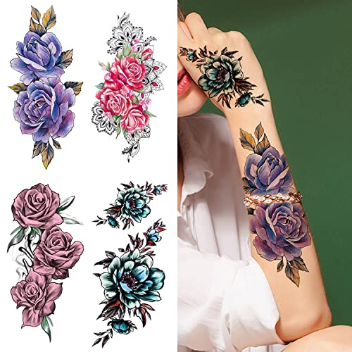 Glaryyears Temporary Tattoos for Women Female, 18-Pack Large Big Fake Tattoos, Long-lasting Flower Tattoos, Floral Design Variety Pack Realistic Tattoos 3D, Sexy for Body Arm Chest Shoulder Thigh