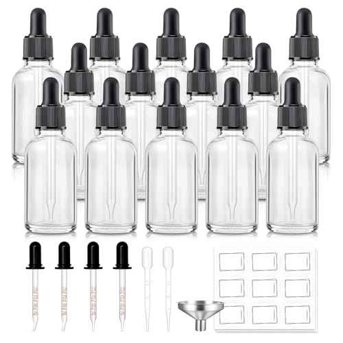14 Pack, 1 oz Tincture Bottles with Dropper, Clear Glass Dropper Bottle with Stainless Steel Funnel, Pipettes & Labels, 30 ml Eye Dropper Bottles leakrproof For Essential Oils Serums Hair Body Oils