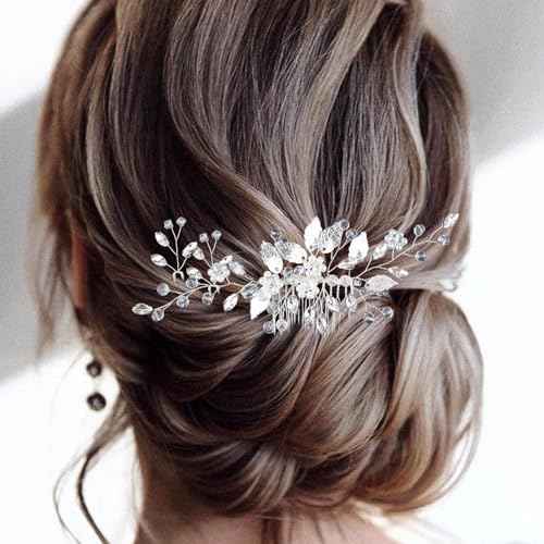 Crystal Wedding Hair Accessories - Hair Comb with Rhinestone Hair Pins and Pearls for Bride, Bridesmaids, Flower Girls (Silver)