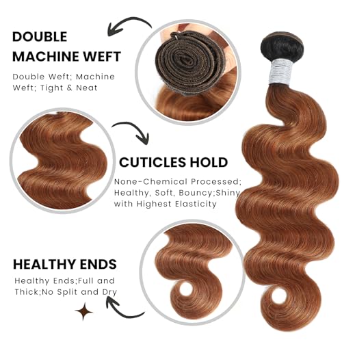 ALHER T1B/30 Human Hair Bundles Body Wave, 12A Ombre Brown Colored 3 Bundles Dark Root Two-tone, 100% Brazilian Virgin Remy Human Hair for Black Women Soft Thick Wavy 14 16 18 Inch