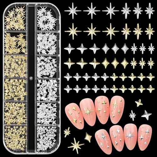 Star Nail Charms and Gold Nail Studs, Star Starshine Cross Metal Gold Nail Art Studs, Mixed Gold Silver Star Nail Charms and Gems, Golden Star Nail Art Charms, 3D Star Charms for Nail Art Y2K Decor
