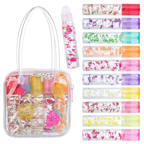 EXPRESSIONS 10pc Roll On Lip Gloss Set with Carrying Case, 10-Pack Glossy Lip Makeup - Assorted Fruity Flavors, Non Toxic, Kid Friendly, Party Gift, Best Friends