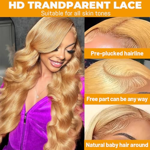 SOSATISFY Honey Blonde Lace Front Wig Human Hair 200% Density 13x4 Body Wave Wig Blonde Hd Lace Front Wig Human Hair Pre Plucked With Baby Hairline 27# Colored Wigs for Women 22 Inch