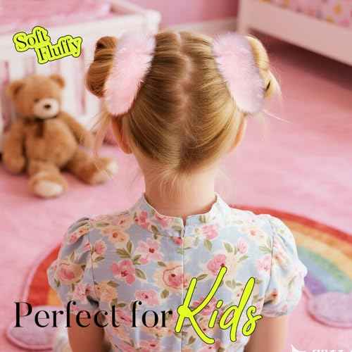 YGDZ 4PCS Pink Pom Pom Hair Ties, Furry Faux Rabbit Fur Light Pink Scrunchies, Hair Ties Ponytail Holders, Hair Accessories for Girls Women