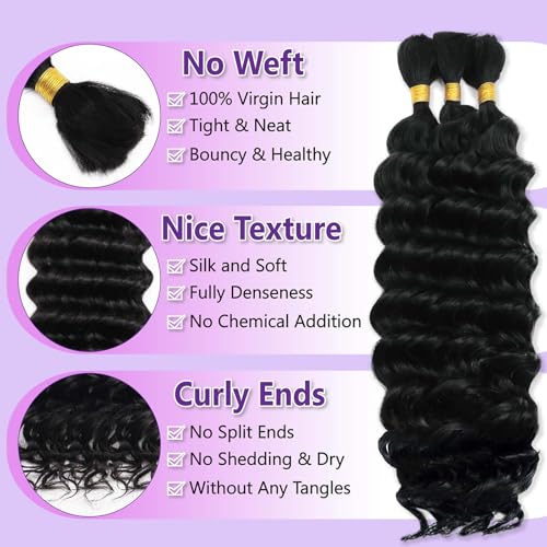 Human Braiding Hair for Boho Braids 110g Deep Wave Bulk 100% Human Hair for Braiding Knotless Brazilian Virgin Crochet Hair Extensions Bulk Bohemian Micro Braiding 3 Bundles Natural Color 20 Inch