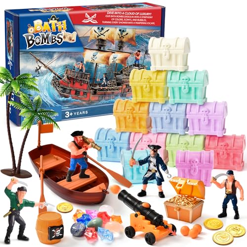 Bath Bombs for Kids with Diving Gem Toys Inside, 12 Pack Treasure Chest Bath Bombs with Surprise Pirate Accessories Pretend Playset, Handmade Bubble Bath Fizzies Birthday Christmas Gift Set
