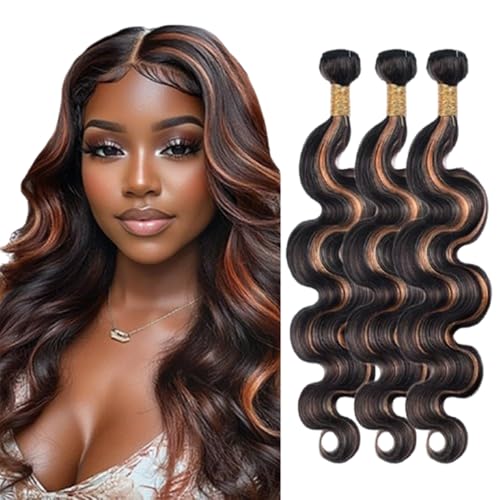 BilltiiWW P1B30 Body Wave Bundles Human Hair Two Tone Black and Brown With Highlights Brazilian Weave Soft and Silky for Women 26 28 30 Inch