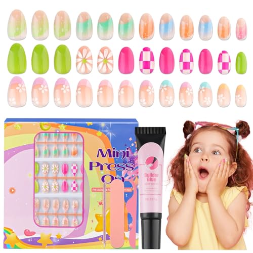 78PCS Press on Nails for Kids, TOROKOM Cute Kids Fake Nails Flower Kid Glue on Nail Short Almond False Nail Art Gift for Girls Children 8-12 Age with Nail Adhesive Tab & Quick-dry Nail Glue (3 Pack)