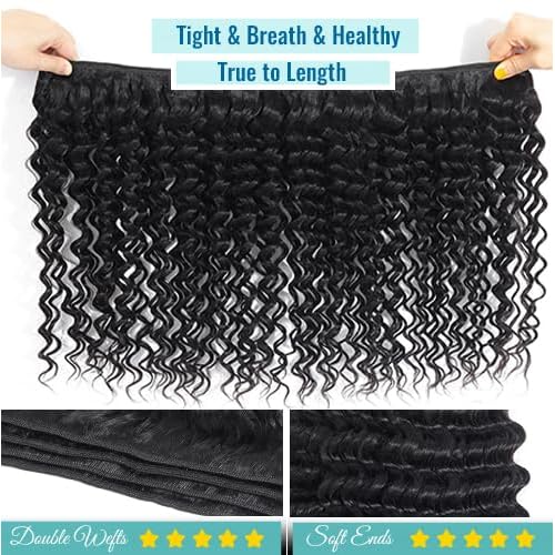 Deep Wave Human Hair Bundles 16 18 20 Inch Curly Human Hair 3 Bundles 100% Unprocessed Brazilian Virgin Deep Curly Bundles For Black Women Quick Weave Wet And Wavy Natural Black