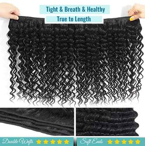 ONICE Deep Wave Bundles Human Hair (12 14 16 Inch) 100% Unprocessed Brazilian Weave 3 Bundles Human Hair Glossy Virgin Hair Bundles Curly Style Keep Texture Silky Soft Natural Black