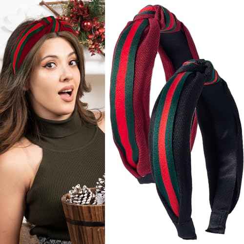 2 Pcs Christmas Headbands for Women - Red Green Ribbon Holiday Knot Hair Hoops, Xmas Festive Gift Hair Accessory (Red&Black)