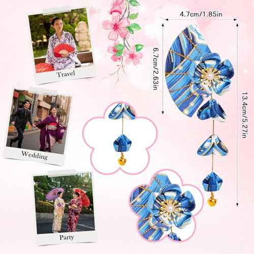 1 Pair Japanese Style Hair Clips Sector Tassel Hair Accessories Flower Kimono Traditional Hairpins Barrette Cherry Blossom Hair Clamp Bride Hanfu Accessory for Womens (Dark Blue)