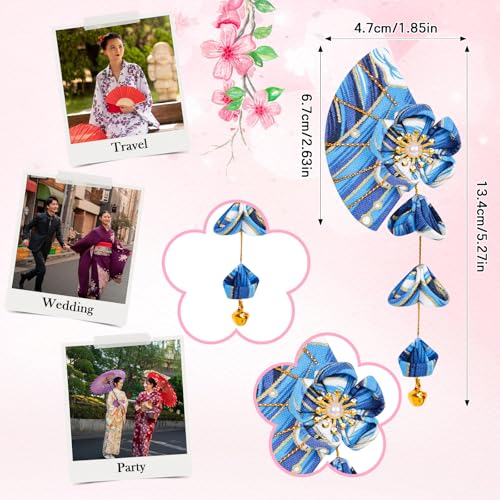 1 Pair Japanese Style Hair Clips Sector Tassel Hair Accessories Flower Kimono Traditional Hairpins Barrette Cherry Blossom Hair Clamp Bride Hanfu Accessory for Womens (Dark Blue)