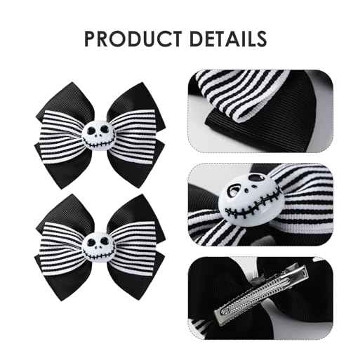 2Pcs Ghost Skull Hair Bows Black White Striped Ribbon Hair Clip Christmas Halloween Accessories Party Decorations