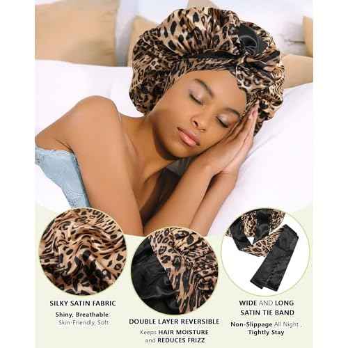 Satin Bonnet Silk Hair Wrap for Sleeping - Reversible Night Cap with Tie Band (Leopard + Black)