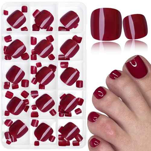Press on Toenails Short Square Burgundy Fake Toenail Glue ons Glossy Acrylic False Toe Press on Nails Artificial Toe Nail Tips for Women Girls,180Pcs
