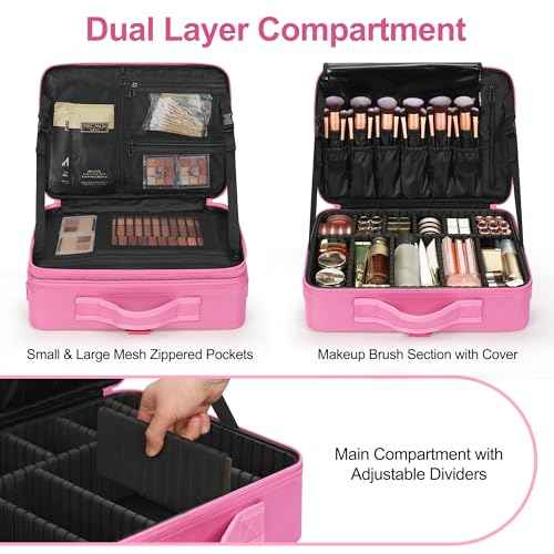Relavel Makeup Case Large Makeup Bag Professional Train Case Travel Cosmetic Organizer Brush Holder Waterproof Makeup Artist Storage Box, 3 Layer Large Capacity, with Adjustable Strap, Rose Pink