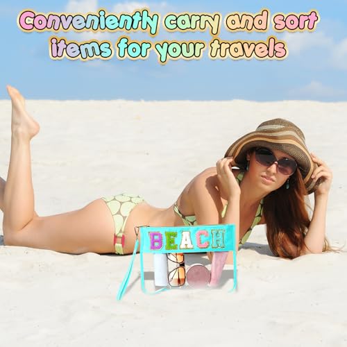 Abbylike 6 Pcs Chenille Letter Clear Zipper Pouch Summer Waterproof Cosmetic Pouch Travel Gym Beach Hawaii Bag Travel Patch Purse Makeup Letter Bag for Women Girls, 6 Colors(Charming Colors,Stylish)