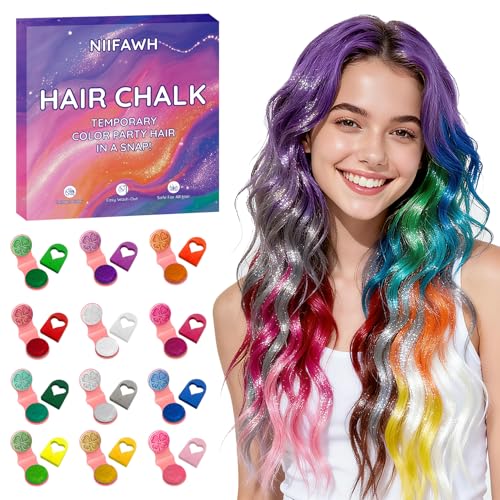 12 Color Glitter Hair Chalk with Shimmer Effect - Temporary Sparkle Hair Chalk for Adults & Kids | Safe, Long-Lasting, Non-Toxic & Washes Out Easily | for Concerts, Parties & Halloween