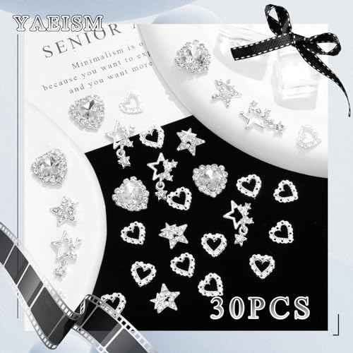 30PCS Star Nail Charms 3D Crystal Heart Nail Charms Alloy Silver Nail Charms Shiny Starlight Nail Gems and Charms Jewelry Rhinestones for Women Nail Art and DIY Crafts Decoration