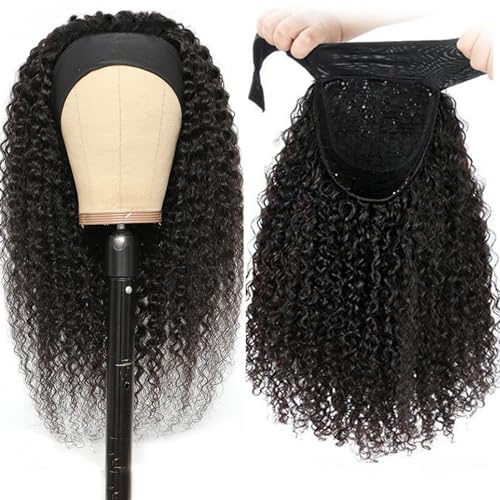 Aiterina Kinky Curly Human Hair Wig - 16 inch Natural Color, No Gel Remy Hair, Lace Front, Machine Made, Curly Scarf Wig for Black Women