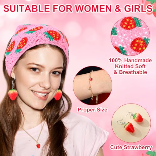 6 Pcs Strawberry Accessories Set Strawberry Crochet Hair Bandana Necklace Earrings Bracelet Hair Clips for Gifts