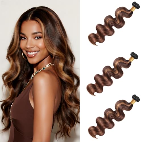 P4/30 Highlight Human Hair Body Wave Bundles 24 26 28 Inch Brazilian Virgin Hair Double Weft Quick Weave 3 Bundles Soft Silky Weave for Black Women