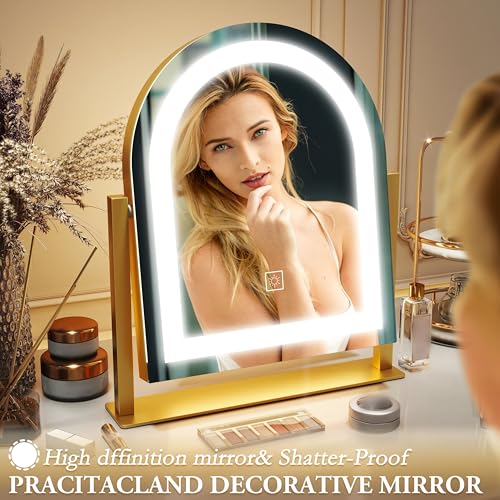 Lighted Makeup Mirror with 3-Color Dimmable Lighting, with Removable 10x Magnifier, Smart Touch Control, 360¡Æ Rotation, 15" x 13" Hollywood Vanity Mirror for Tabletop Desk (Gold)