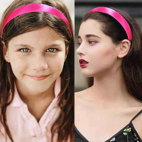 1.15 Inch Hot Pink Headband for Women, Fashion Satin Slik Plain Headband Non Slip DIY Head Band Gifts Holiday Christmas Hair Accessories for Girls Teen