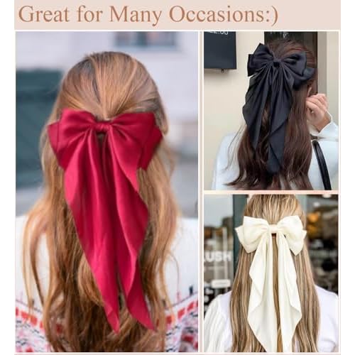 12PCS Hair Bows for Women Big Silky Satin Bow Clips with Long Tails Oversized, Cute Halloween Christmas Hair Accessories for Women, Aesthetic Large Ribbons Bow