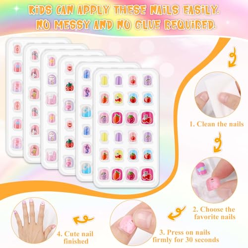 144 Pcs Small Kids Nails Set, Thrilez 6 Pack Mini Press on Nail Pre-glue Artificial False Acrylic Nails Set for Little Girl Children