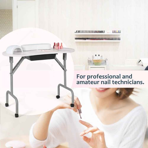 AGESISI Portable Manicure Table Foldable Nail Desk with Large Drawer Nail Tech Table for Technician Salon Workstation Client Wrist Cushion/Carry Bag/4 Lockable Wheels, 36-inch, White Marble