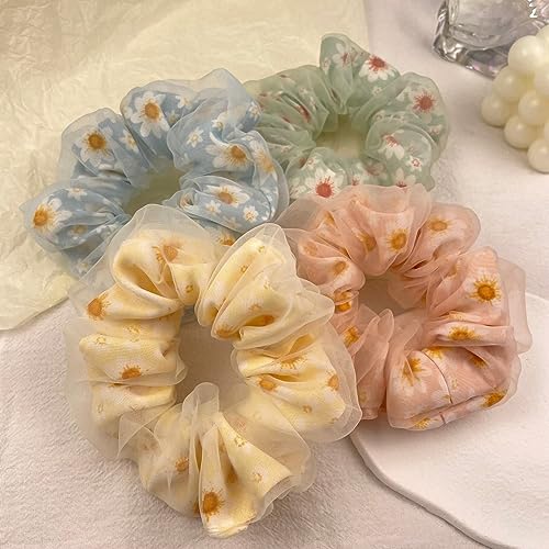 Daisy Floral Hair Ties for Girls - Elastic Non-Slip Ponytail Holders for Thick and Thin Hair, Scrunchies Hair Accessories for Women, 4Pcs