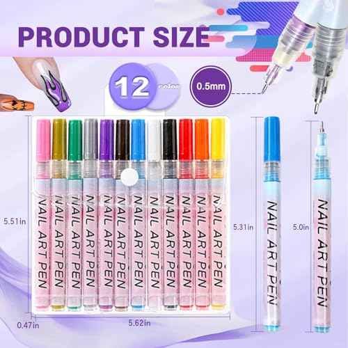 12 Color Nail Art Pens, 0.5 MM 3D Nail Polish Pens Set Drawing Painting Point Liner Acrylic Painted Pen Kit, Waterproof and Quick-drying Nail for DIY Nails Art Design Manicure Tools