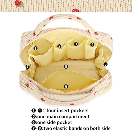 Bluboon Makeup Bag Zipper Pouch Travel Toiletry Bag Portable Cosmetic Bag Organizer for Women and Girls(Strawberry Corduroy Beige)