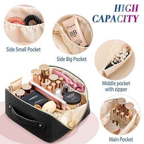 Travel Makeup Bags Large Capacity Women Checkered Cosmetic Bag Portable PU Leather makeup Organizer Bag Open Flat for Easy Access(B-Blcack)