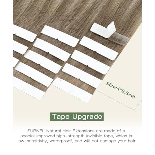 SURNEL Injected Invisible Tape in Extensions Human Hair Ash Brown to Platinum Blonde Seamless Remy Invisible Tape in Extensions 20Inch 20 Pcs 45g(#860,20)