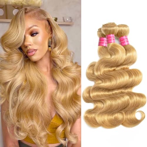 Aopusi Honey Blonde Bundles Human Hair Brazilian #27 Colored Body Wave Bundles 10A Grade 100% Unprocessed Virgin Remy Hair 3 Pcs/Lot Hair Weft(14 16 18 Inch)