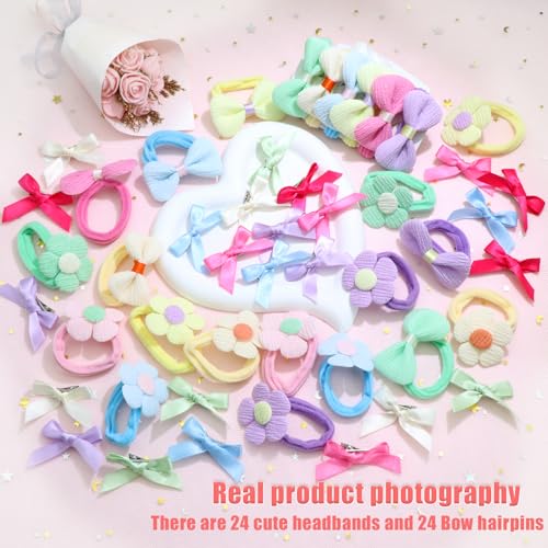 48 Pcs Toddler Hair Ties for Girls, Baby Hair Bows Cute Flower Hair Ties Colorful Elastics Scrunchies,Bow Hair Clips Y2K Snap Hair clips,Seamless Ponytail Holders, Little Girls Hair Accessories