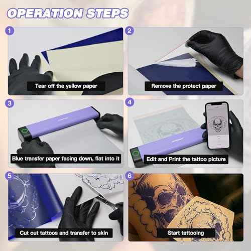 Padieoe Tattoo Stencil Printer with 10Pcs Transfer Paper - Bluetooth, Wireless, 2000mAh - Portable Thermal Printer Machine for Tattooist- 11.5x2.6x1.8in - Purple