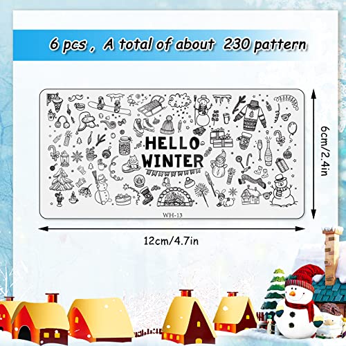Whaline 6 Pieces Winter Nail Art Stamping Plates Kit Snowman Snowflake Pine Tree Sweater Image Stamp Templates Hello Winter Nail Art Plates for Winter Xmas DIY Print Manicure Salon Design Gift