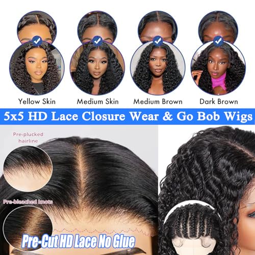Bob Wig Human Hair Deep Wave Glueless Wigs Human Hair Pre Plucked Pre Cut Chocolate Brown 5x5 Wear and Go Wig for Black Women Lace Front Glueless Wigs Human Hair 16Inch