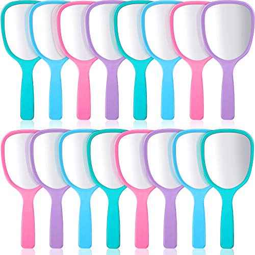 Hicarer 16 Pcs Hand Handheld Mirror with Handle Plastic Travel Makeup Handheld Cosmetic Mirror for Travel, 3.15 Inch Wide, 7.09 Inch Long (Blue,Green,Pink,Purple)