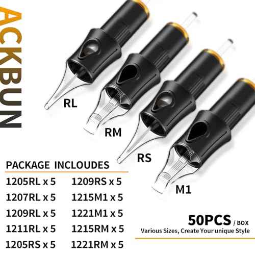 50 Assorted Tattoo Cartridge Needles Mixed Size #12 Standard Round Liner Shader Magnum - 5Pcs each of 5RL, 7RL, 9RL, 11RL, 5RS, 9RS, 15M1, 21M1, 15RM, 21RM Pro Disposable Tattoo Needles