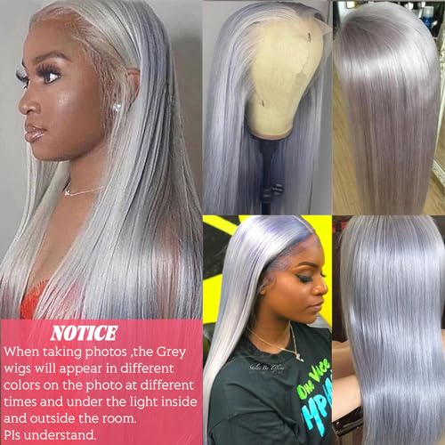 Smavida Grey Straight 13¡¿4 HD Transparent Lace Front Wigs Pre Plucked Silver Human Hair Wigs for Black Women 150 Density Grey 100% Brazilian Virgin Human Hair Wigs with Baby Hair Natural Hairline