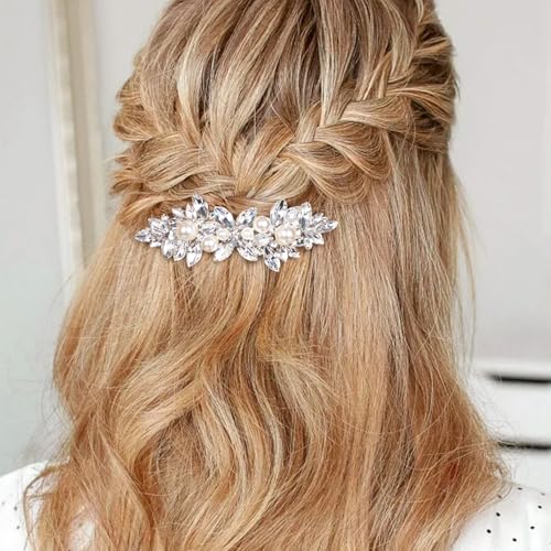 Rhinestone Pearl Barrettes, Crystal Hair Clips for Weddings, Silver French Barrette Clips for Women Thick Long Hair, Sparkly Hair Pins for Bridal Brides Wedding (1PCS)