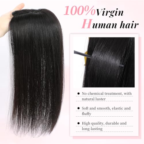 Fine Plus 12Inch Hair Toppers for Women Real Human Hair ? Mono Base 3"x5", Natural Black Virgin Quality, for Thinning Crown & Wide Parting, Lightweight & Breathable, Add Volume Can Be Curled